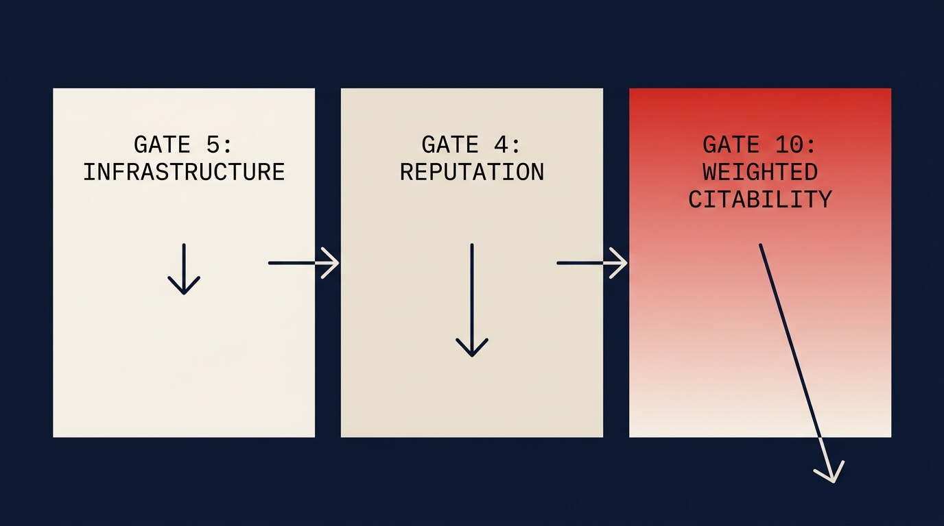 Three-panel cascade diagram. Panel one labeled Gate 5 Infrastructure with a small downward arrow. Panel two labeled Gate 4 Reputation with a steeper downward arrow. Panel three labeled Gate 10 Weighted Citability tinted red with an arrow plunging off the bottom edge.