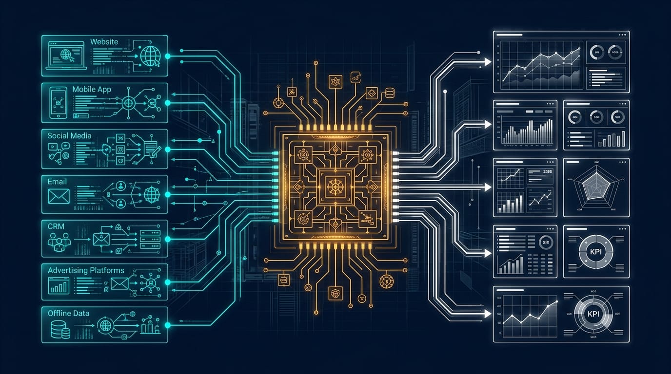 Multiple data source panels feeding into a central analytics processor with dashboard outputs in a blueprint-style architecture