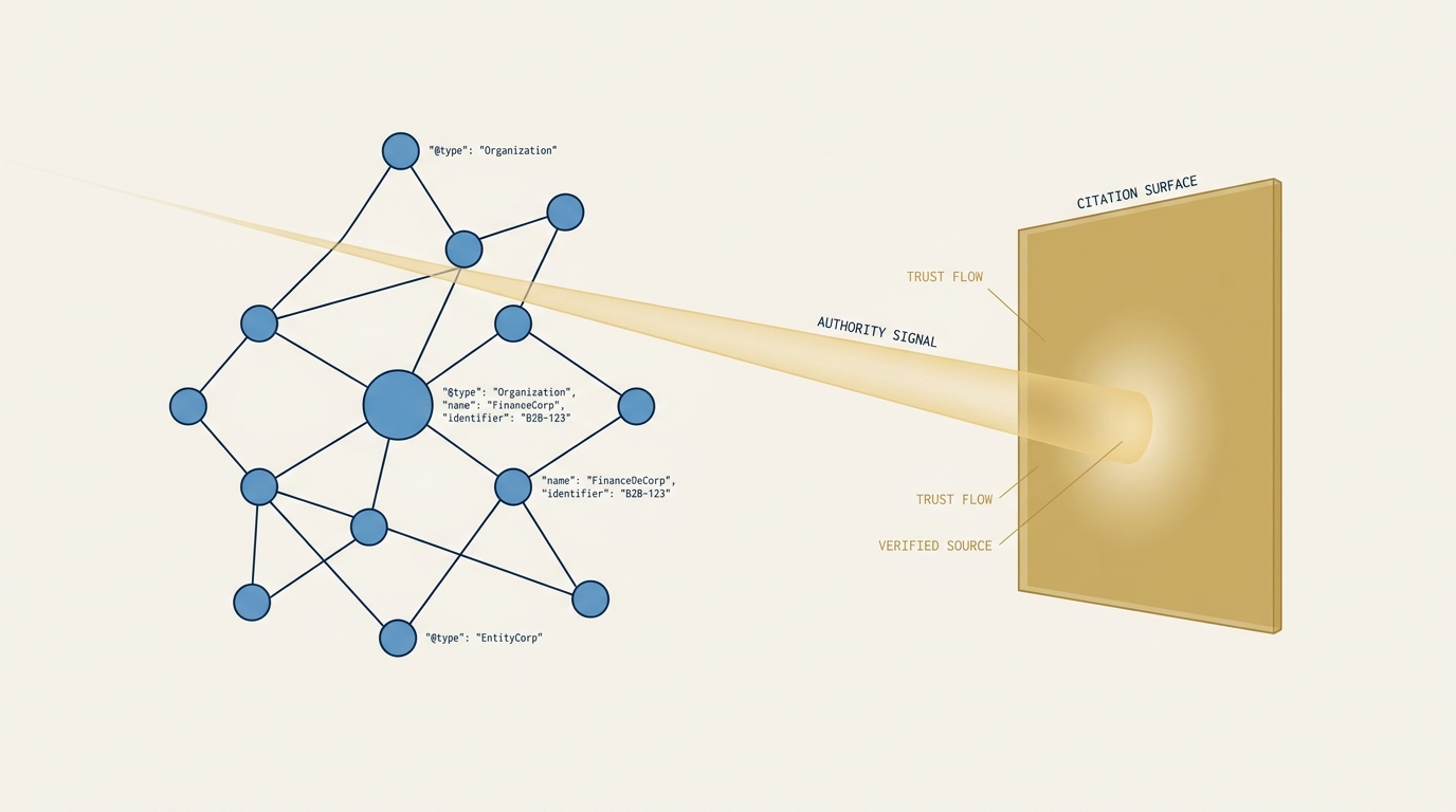A pristine architectural diagram of a JSON-LD entity graph rendered in cool blues against a navy field, with a translucent gold beam of authority signals bypassing the structure entirely and landing on a separate citation surface. The visual argument is that the graph is correct but the beam is what carries the weight.