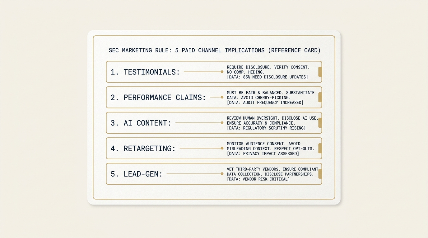 A reference card on a navy field listing five paid channel implications of the SEC Marketing Rule. Each implication is a gold-bordered row with a brief monospace label (testimonials, performance claims, AI content, retargeting, lead-gen). The visual is purpose-built as an operational checklist.