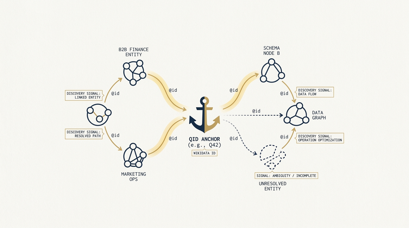 An editorial diagram of a linked entity graph on a navy field. A solid gold pathway flows from a Wikidata QID anchor through clustered schema nodes, with small monospace labels marking each link as a discovery signal. A fainter, broken pathway runs adjacent, representing an unresolved entity.