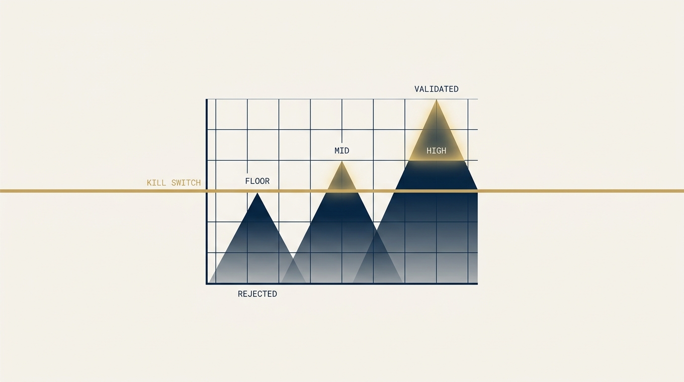 A precise editorial diagram of a channel decision gate. A bold horizontal threshold line crosses a chart populated with three probability-cone outcomes. Outcomes that breach the line glow gold, outcomes that fall below it fade into a neutral grey background. The kill switch is the line itself.