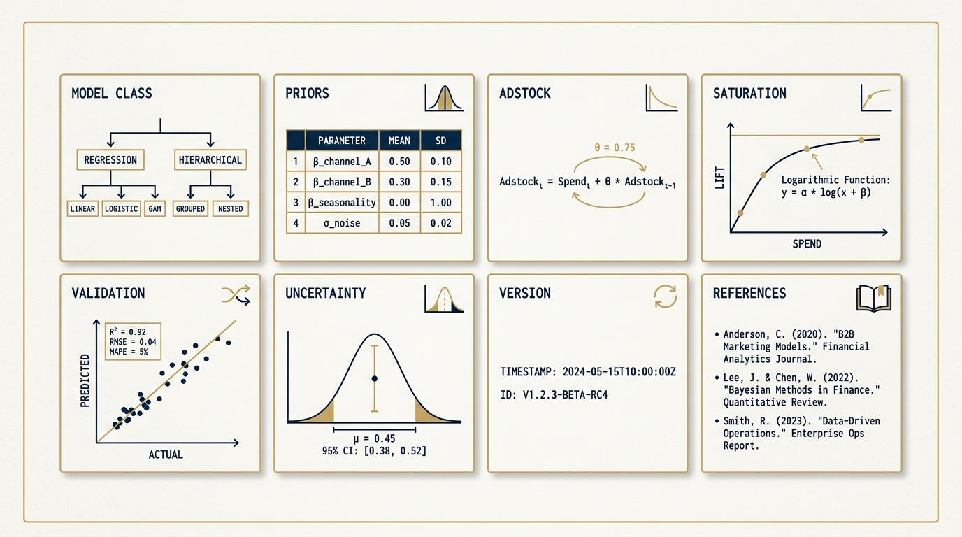A wireframe of a methodology page rendered on a navy field. The page is segmented into eight gold-bordered sections labeled with monospace tags: model class, priors, adstock, saturation, validation, uncertainty, version, references. Each section shows a representative artifact (a prior table, a formula, a sensitivity chart). The visual argument is that the methodology page is a structured artifact, not a paragraph.