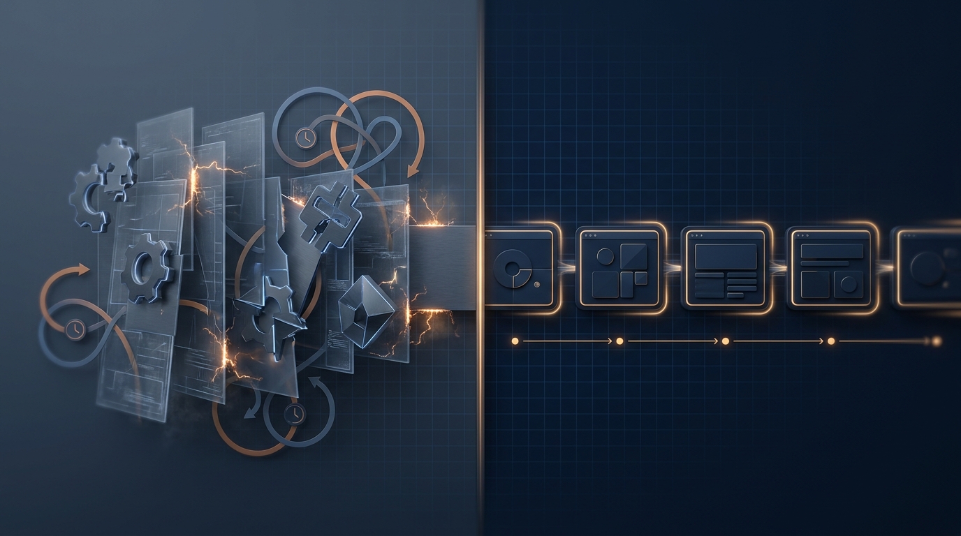 Side-by-side architectural cross-section. Left half shows a chaotic dynamic system in muted slate-gray with cascading translucent process layers, intersecting plugin badges, and looping timing arrows, suggesting accumulated runtime complexity. Right half shows a clean static system in deep navy with a single horizontal pipeline of pre-rendered HTML modules emitting amber edge glow and evenly spaced timing markers, suggesting predictable static delivery. Two architectures, two cost curves under AI search.